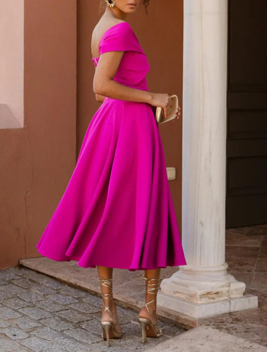 A-Line Cocktail Dresses Elegant Dress Tea Length Sleeveless Off Shoulder Fall Wedding Guest Stretch Fabric with Ruched