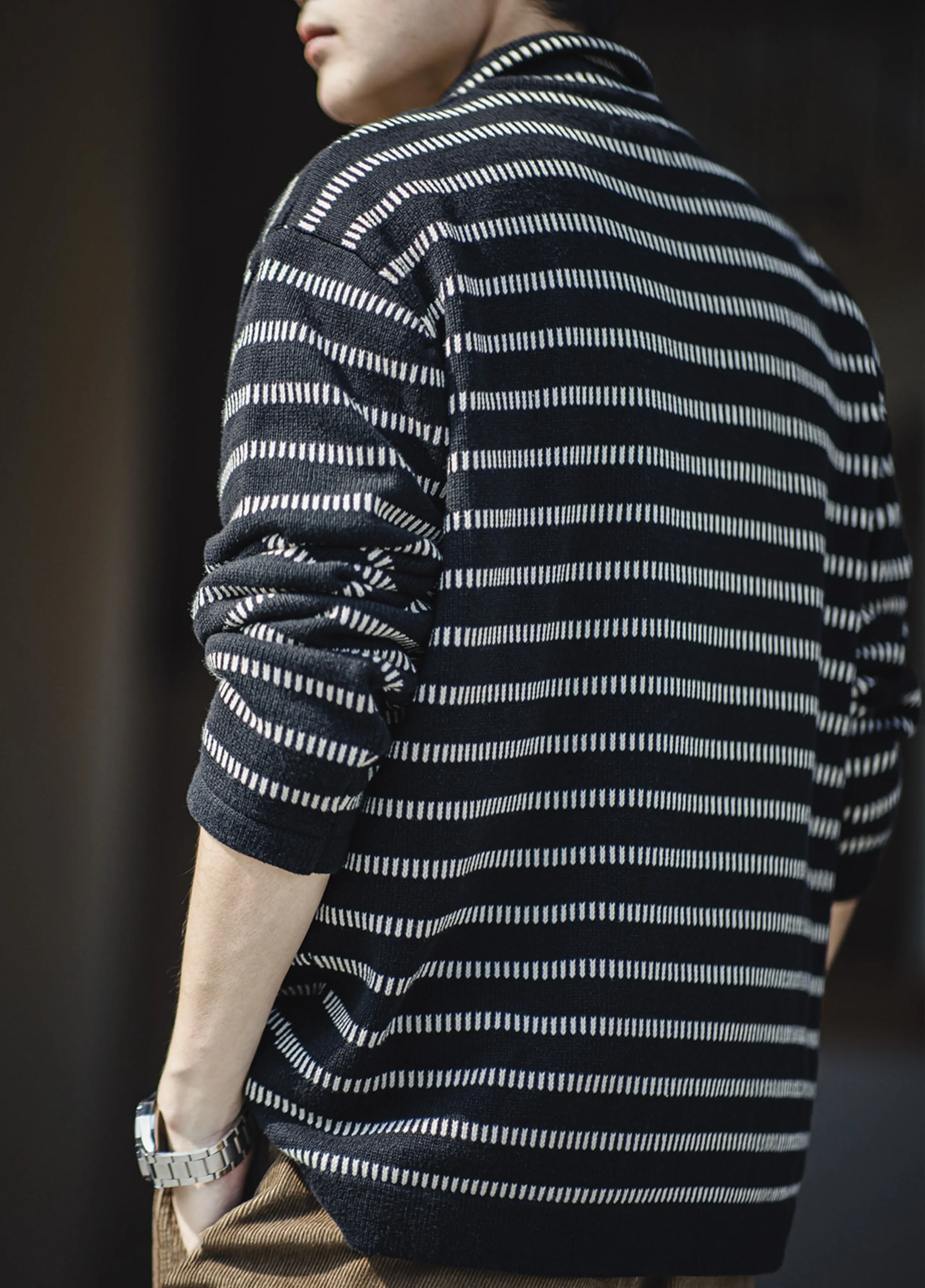 American Striped Knitted Polo Contrast Color Pullover Men's Sweater