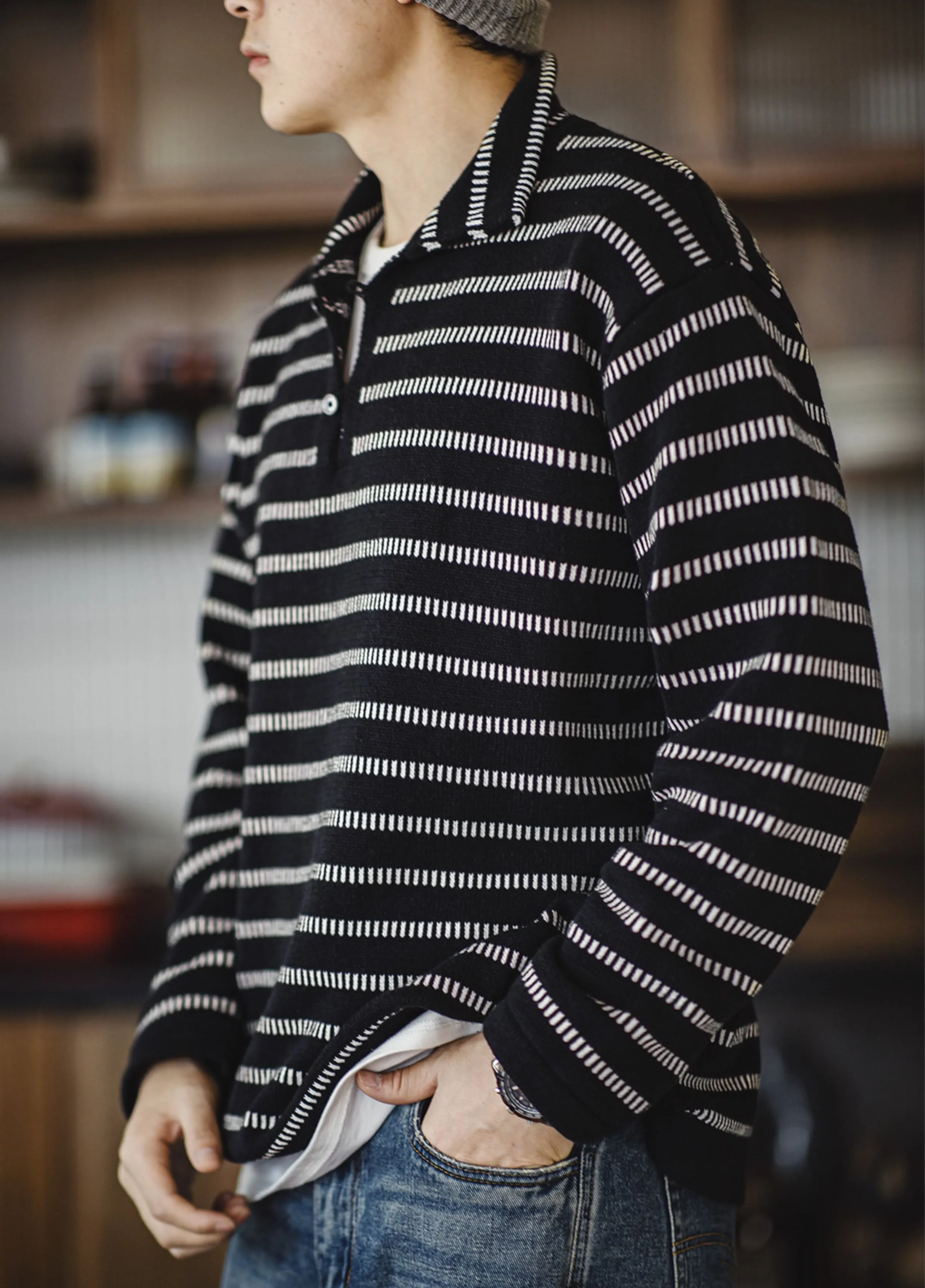 American Striped Knitted Polo Contrast Color Pullover Men's Sweater