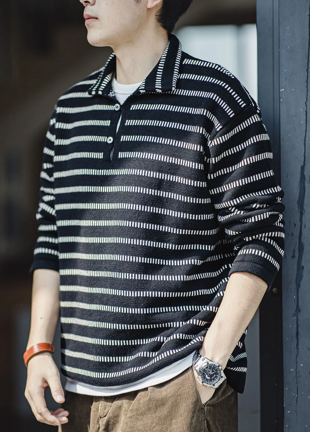 American Striped Knitted Polo Contrast Color Pullover Men's Sweater