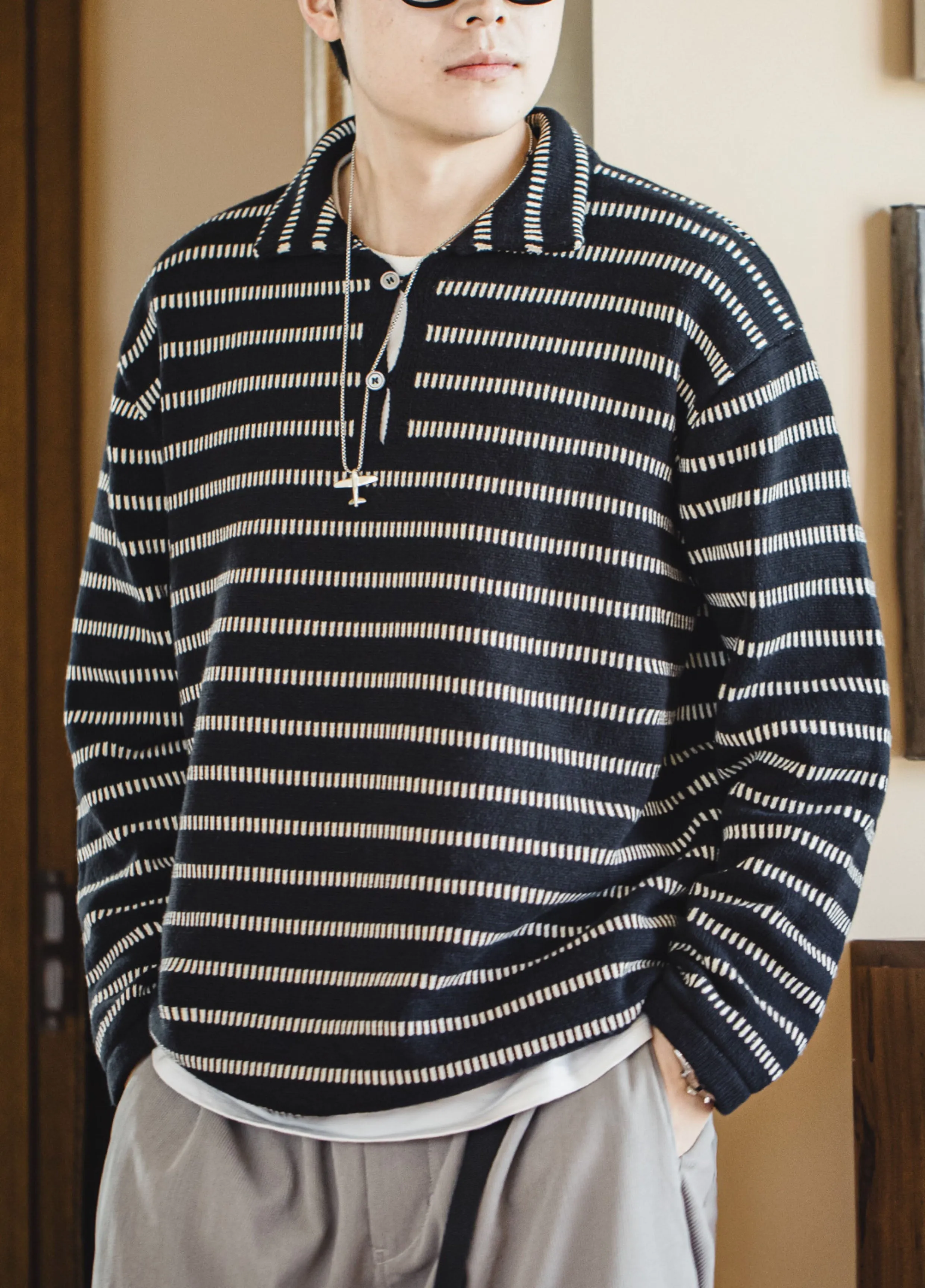 American Striped Knitted Polo Contrast Color Pullover Men's Sweater
