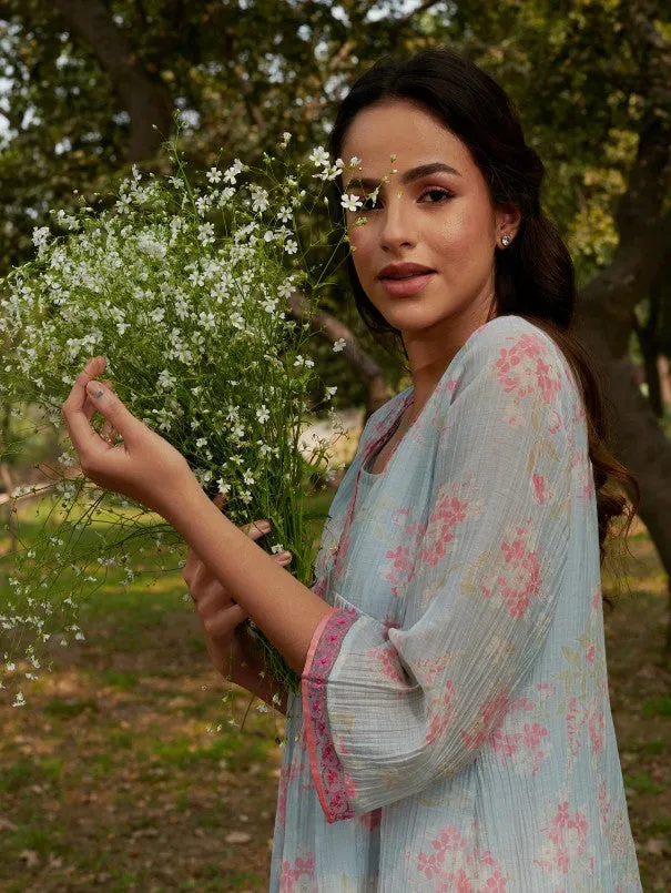 Aparajita - Blue Cotton Silk Floral Flowy Dress
