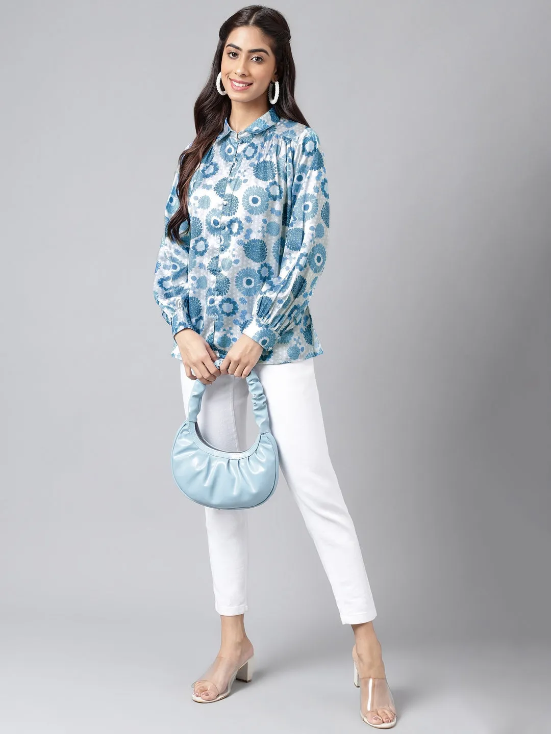 Blue & Grey Satin Floral Printed Casual Shirt