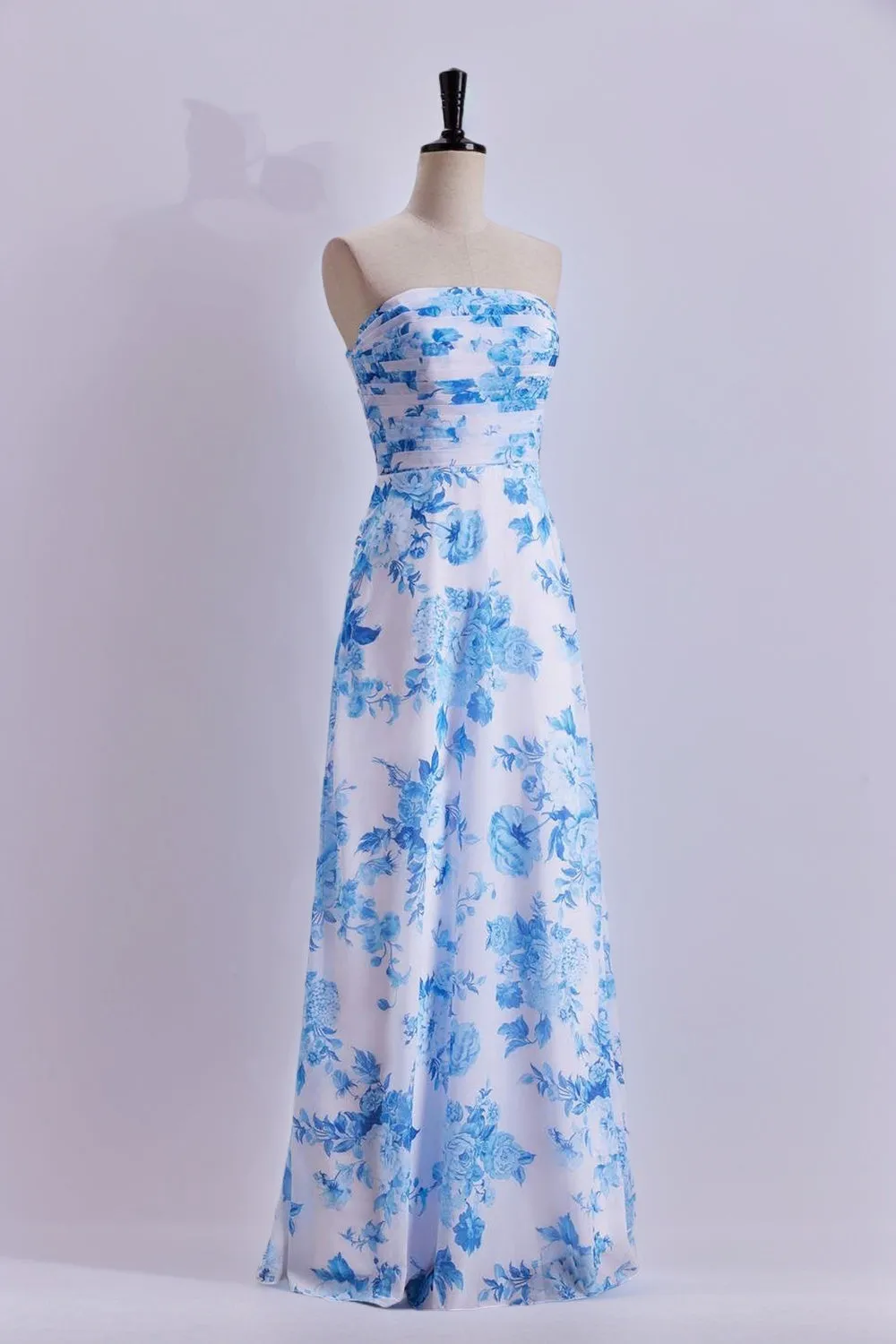 Blue Floral Print Strapless Prom Dress Long Formal Evening Dresses