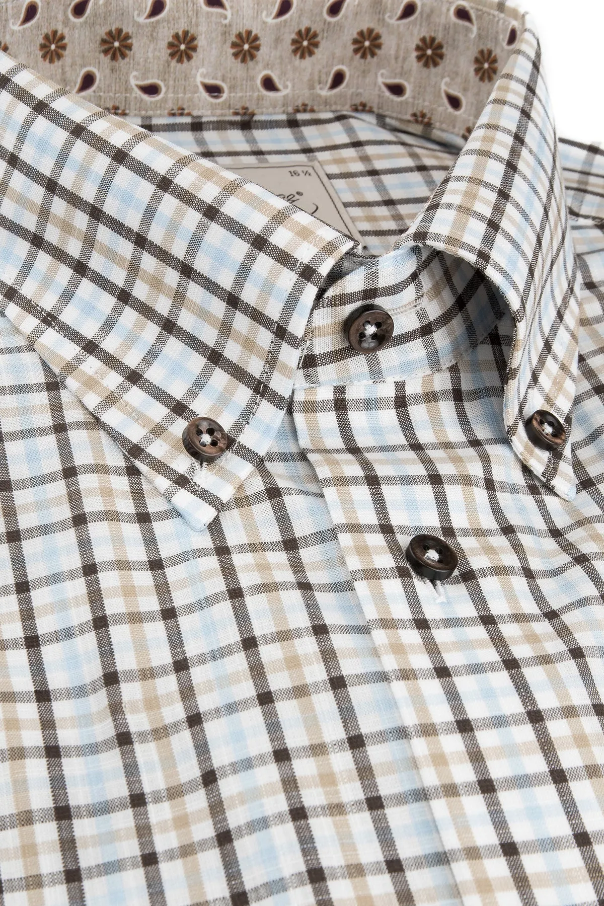 Brown and blue checked short sleeve regular fit shirt
