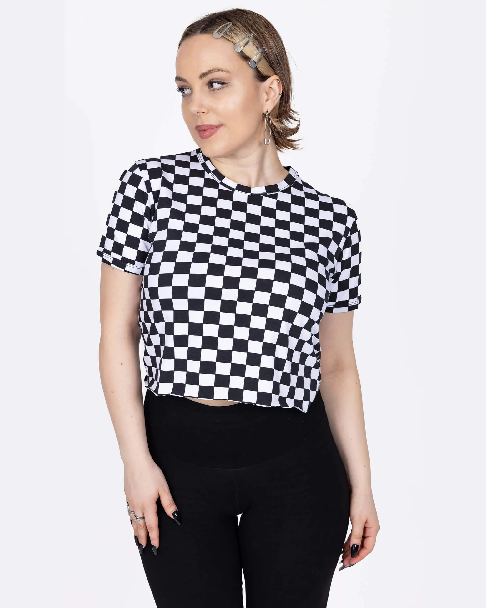 Checkerboard Short Sleeve Crop T Shirt