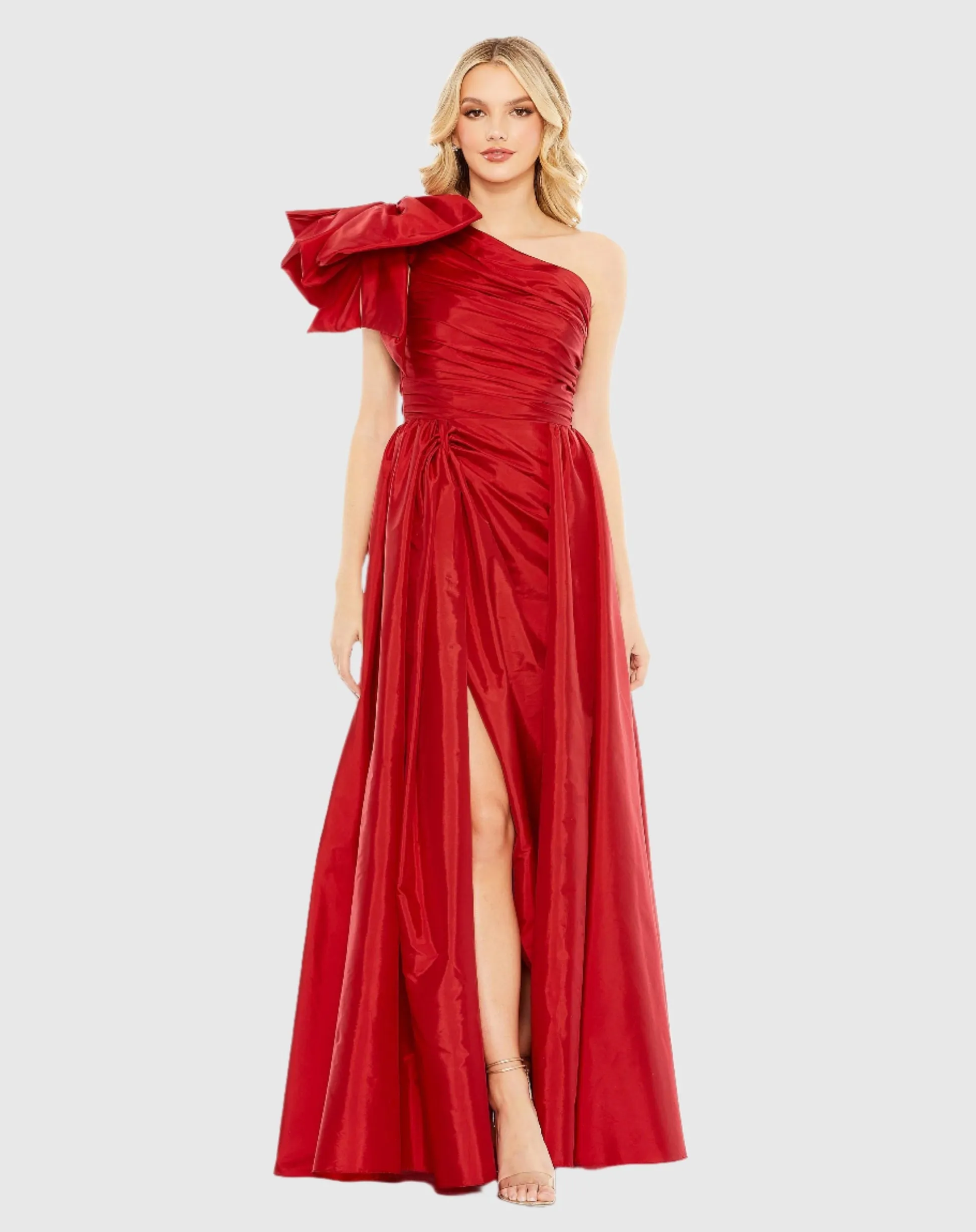 Draped Bow One Shoulder Over Skirt Gown - Red