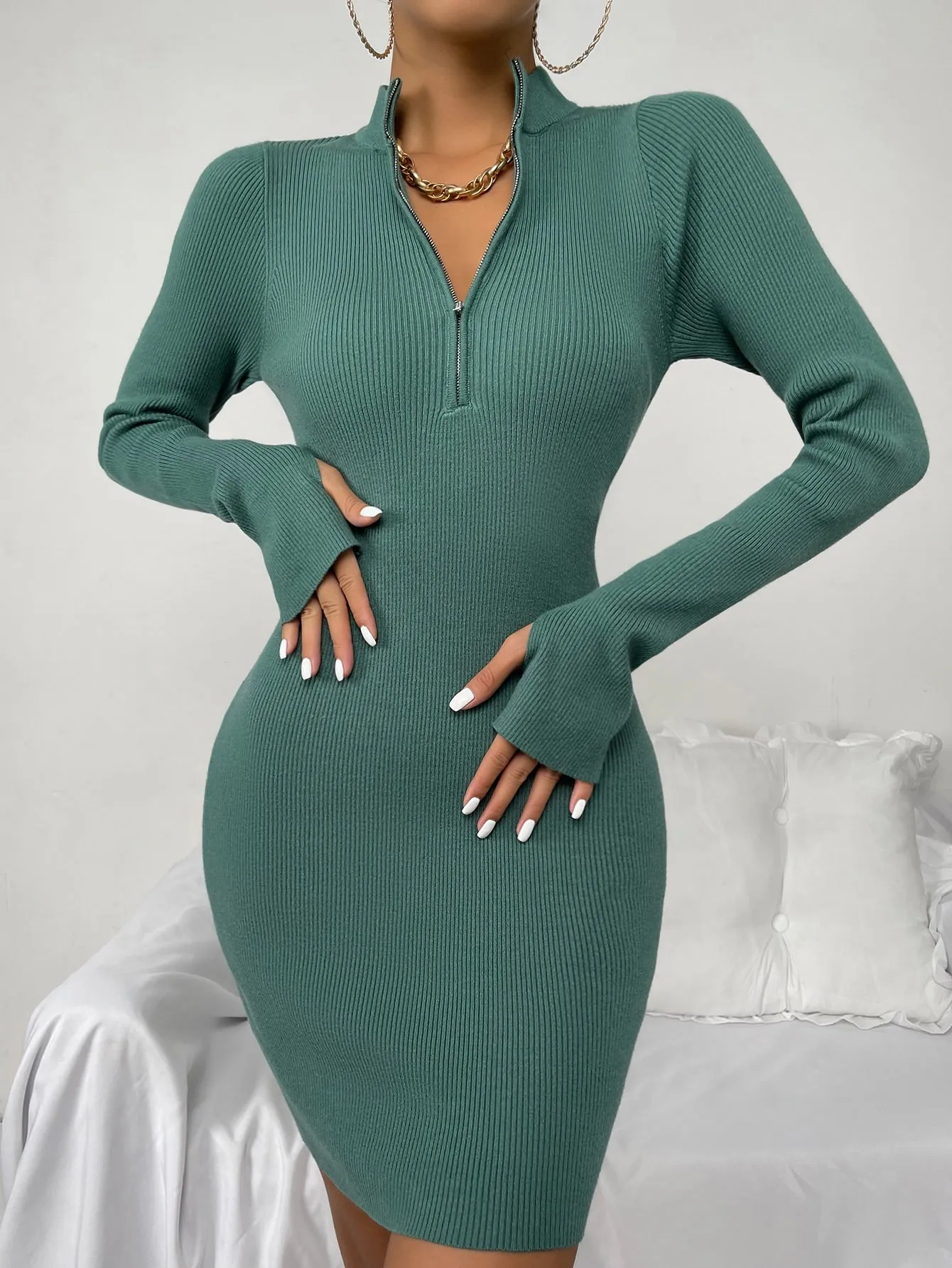 Elegant Plain Zipper Long Sleeve Stand Collar Pencil Natural Short Women Sweater Dress
