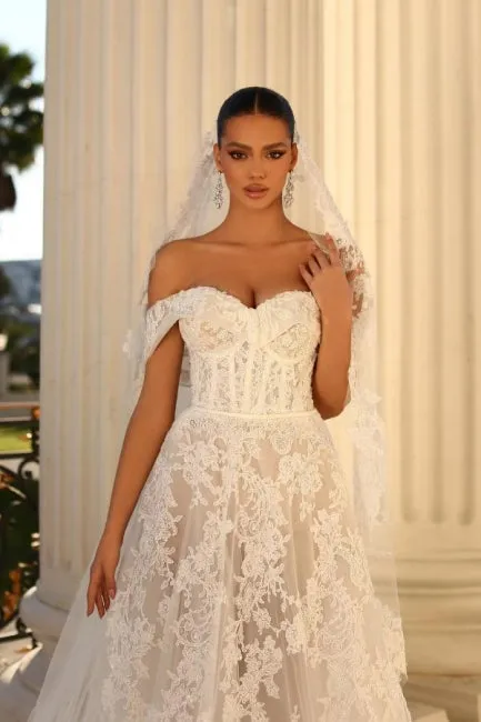 Elegant sweetheart capsleeves aline lace Wedding dresses