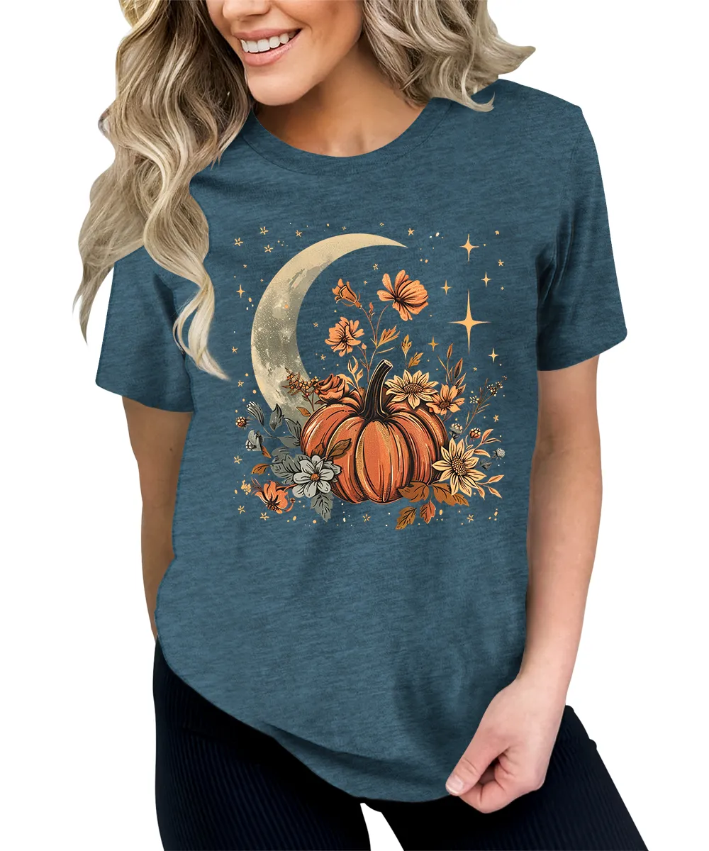 Fall Floral Pumpkin Moon Stars Graphic Tees for Women