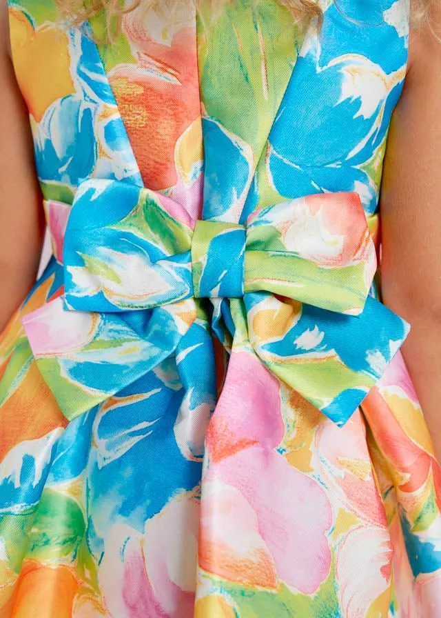 Girls Blue & Orange Floral Satin Dress