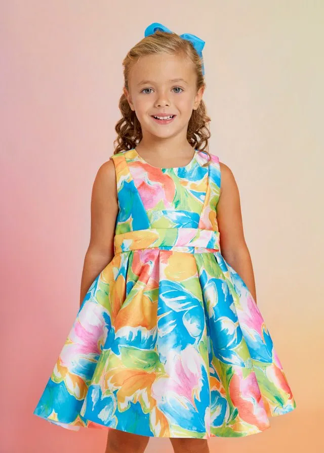 Girls Blue & Orange Floral Satin Dress