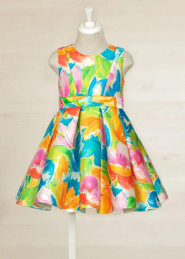 Girls Blue & Orange Floral Satin Dress