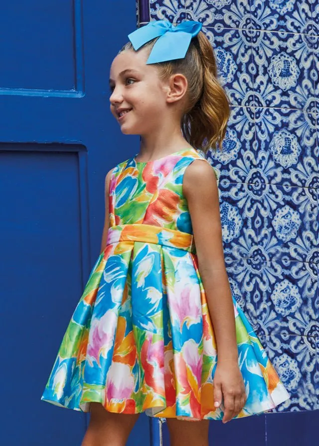 Girls Blue & Orange Floral Satin Dress