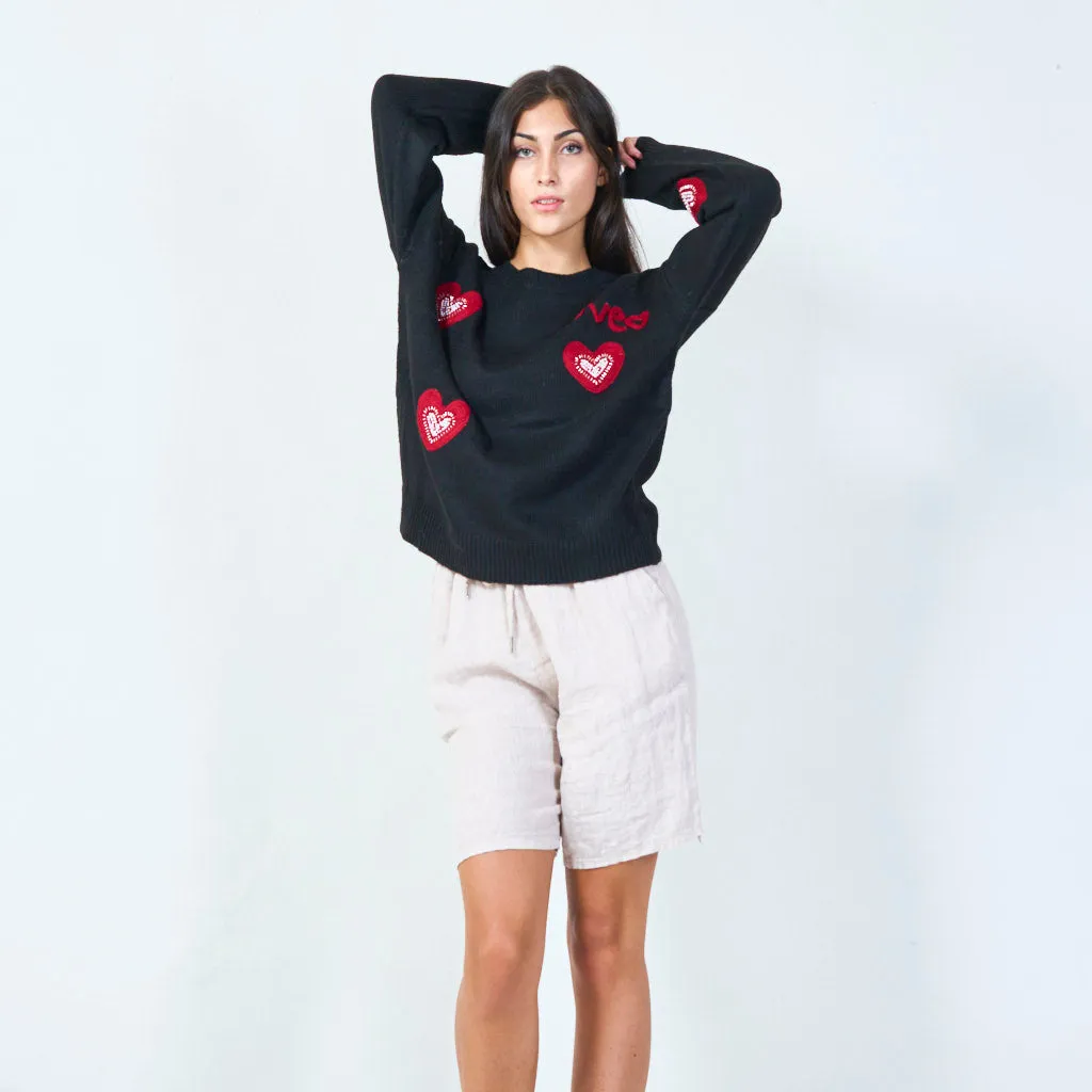 Heart embroidered knit sweater wholesale