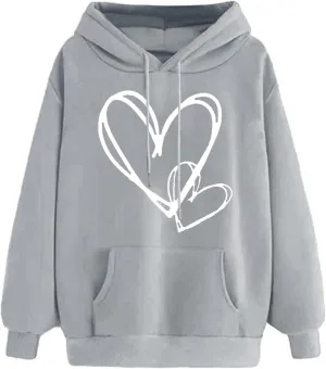 Heart Print Hoodies for Women Classic Valentine's Day Long Sleeve Sweatshirt Oversized Drawstring Pullover Pockets