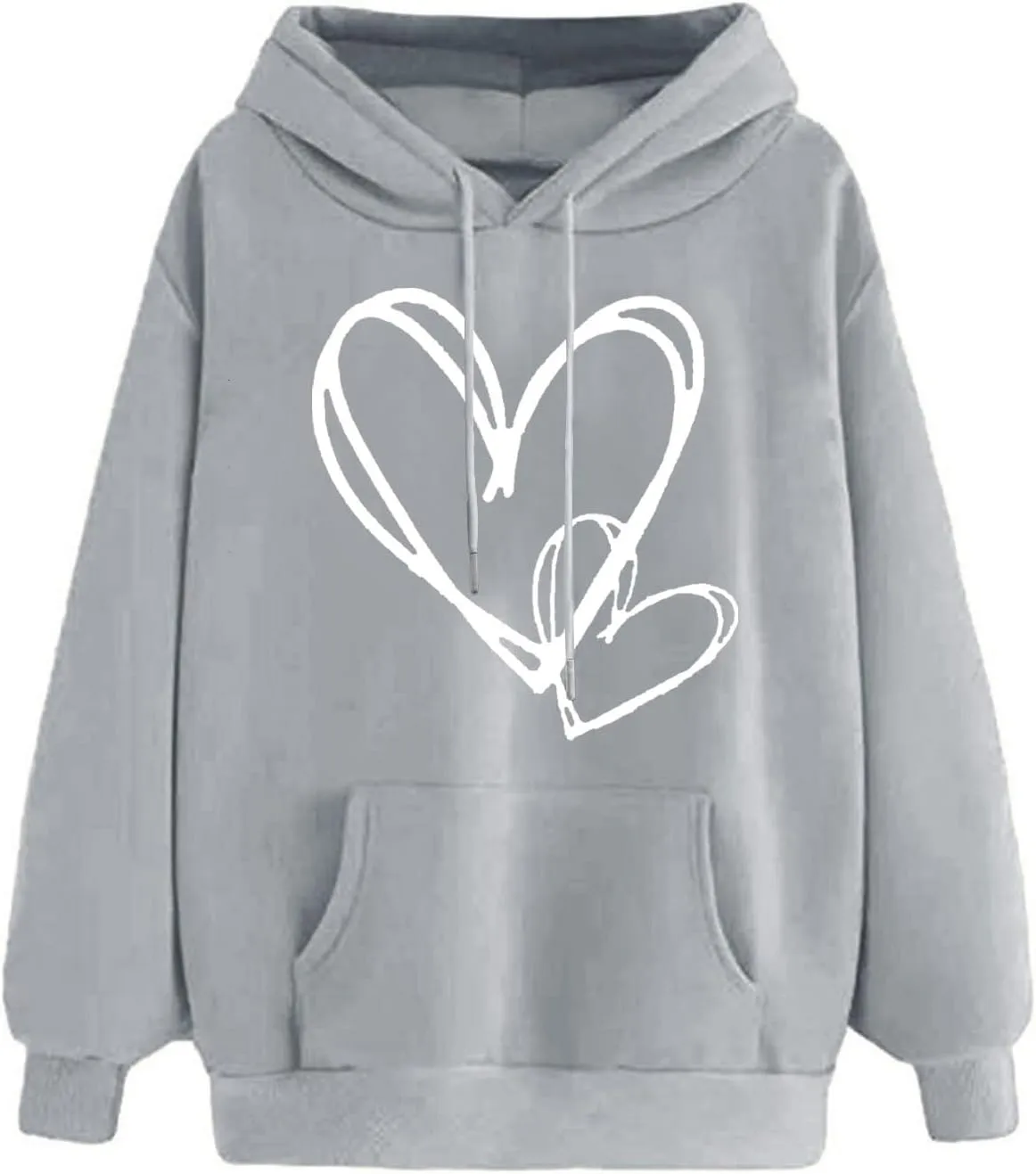 Heart Print Hoodies for Women Classic Valentine's Day Long Sleeve Sweatshirt Oversized Drawstring Pullover Pockets