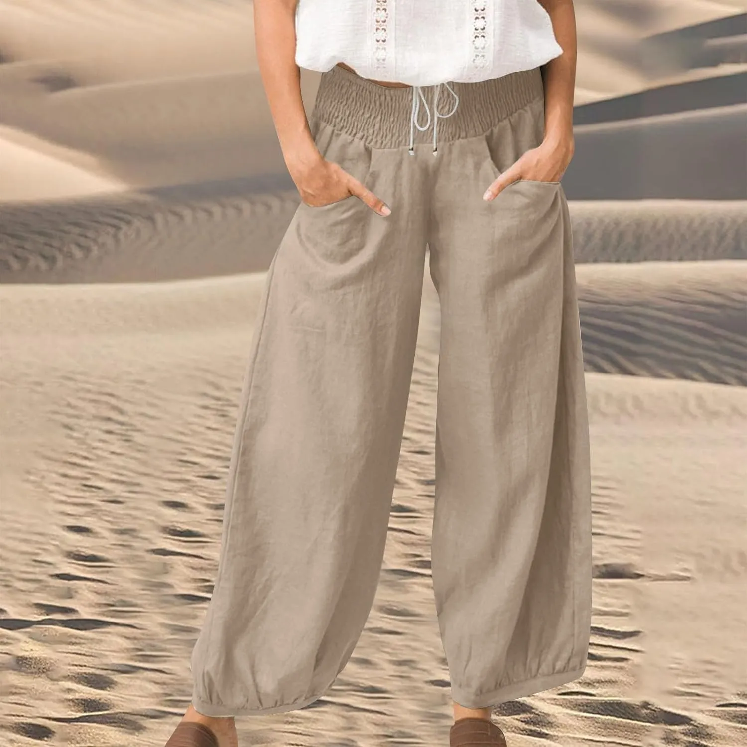Linen Pants Women Summer High Waisted Loose Fit Pants Flowy Baggy Casual Harem Palazzo Pant Beach Vacation Trousers