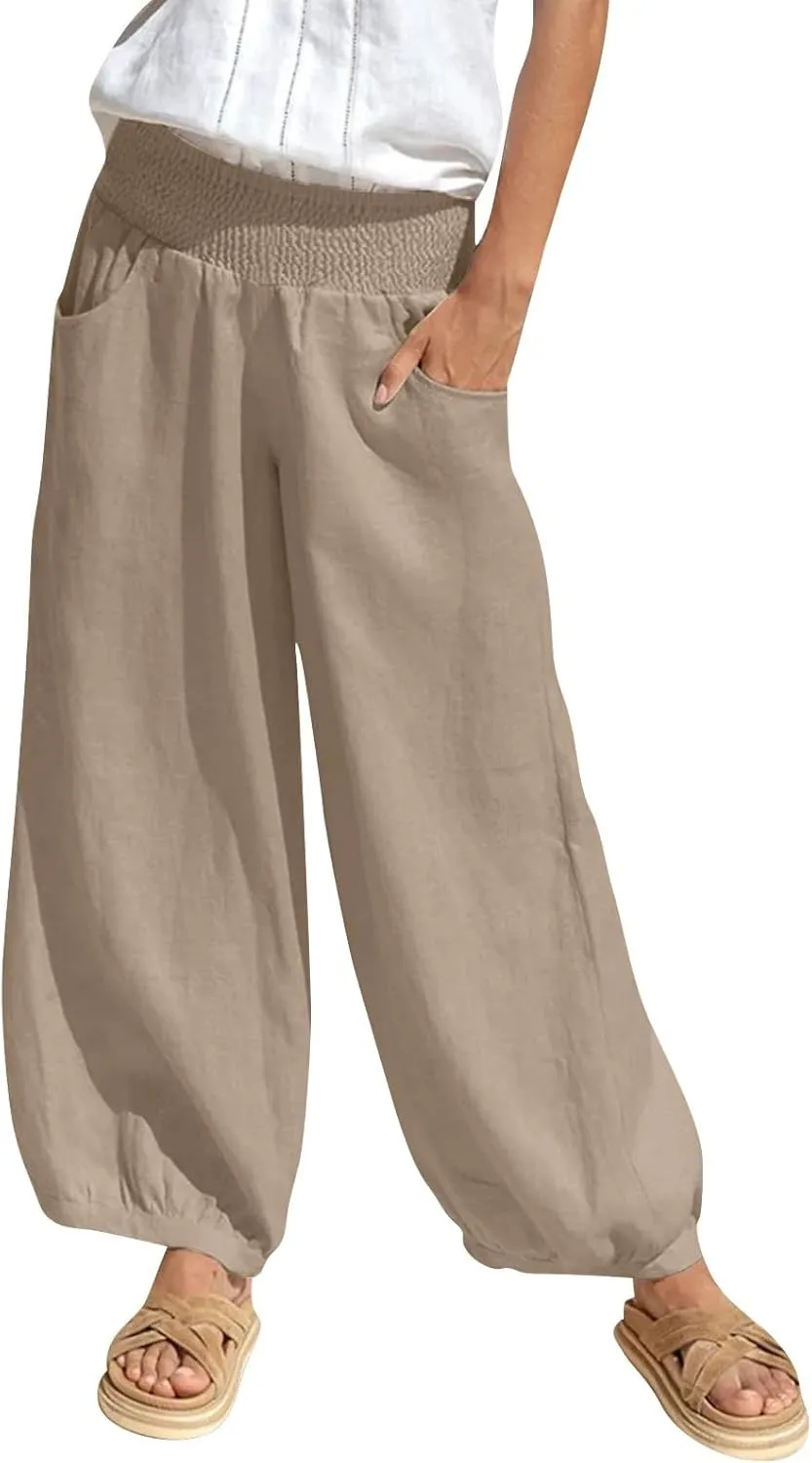Linen Pants Women Summer High Waisted Loose Fit Pants Flowy Baggy Casual Harem Palazzo Pant Beach Vacation Trousers