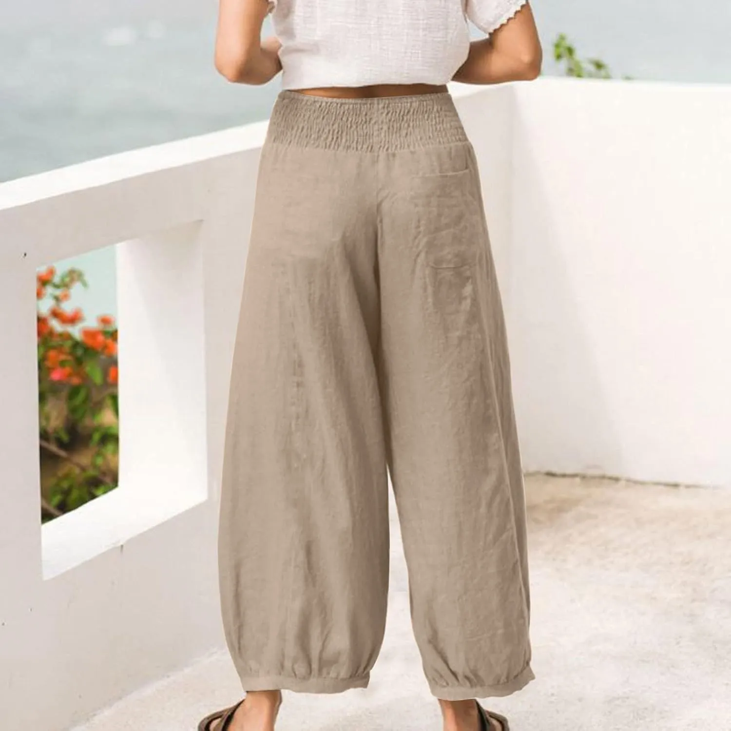 Linen Pants Women Summer High Waisted Loose Fit Pants Flowy Baggy Casual Harem Palazzo Pant Beach Vacation Trousers