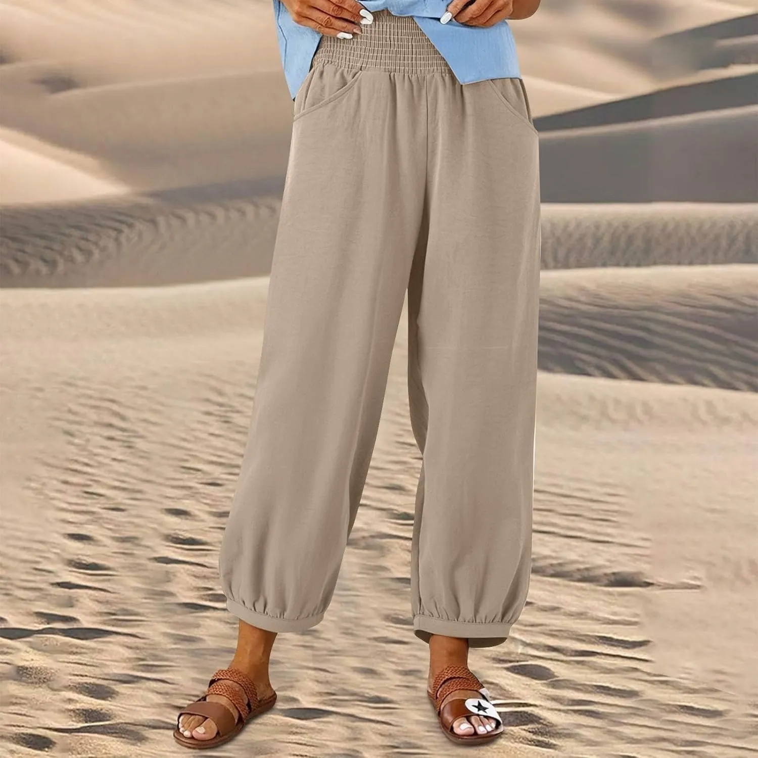 Linen Pants Women Summer High Waisted Loose Fit Pants Flowy Baggy Casual Harem Palazzo Pant Beach Vacation Trousers