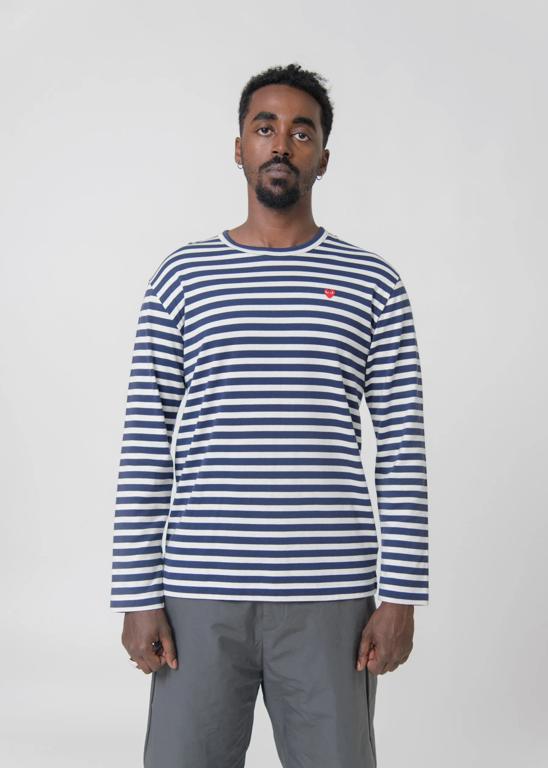Long Sleeve Mini Emblem Stripe Tee Navy/Red T310