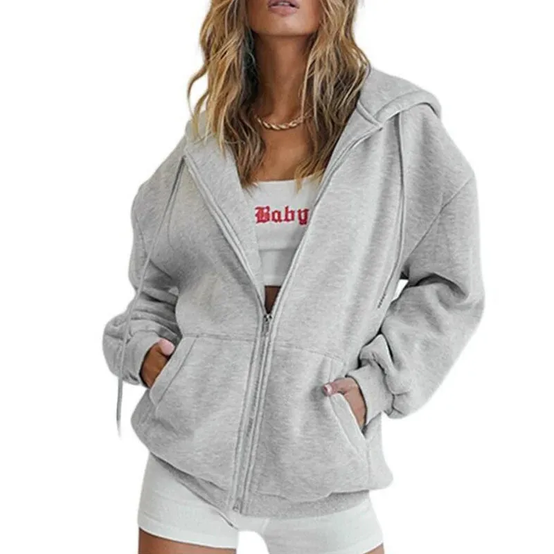 LVSANW Autumn Winter Women Fashion Casual Zipper Hoodie High Street Solid Long Sleeve Pockets Loose Unisex Outerwear Sweatshirts