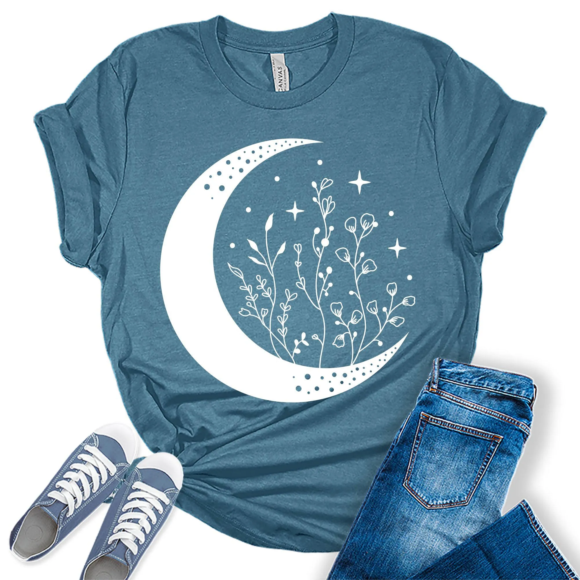 Mandala Crescent Moon Flowers Graphic Tees for Women