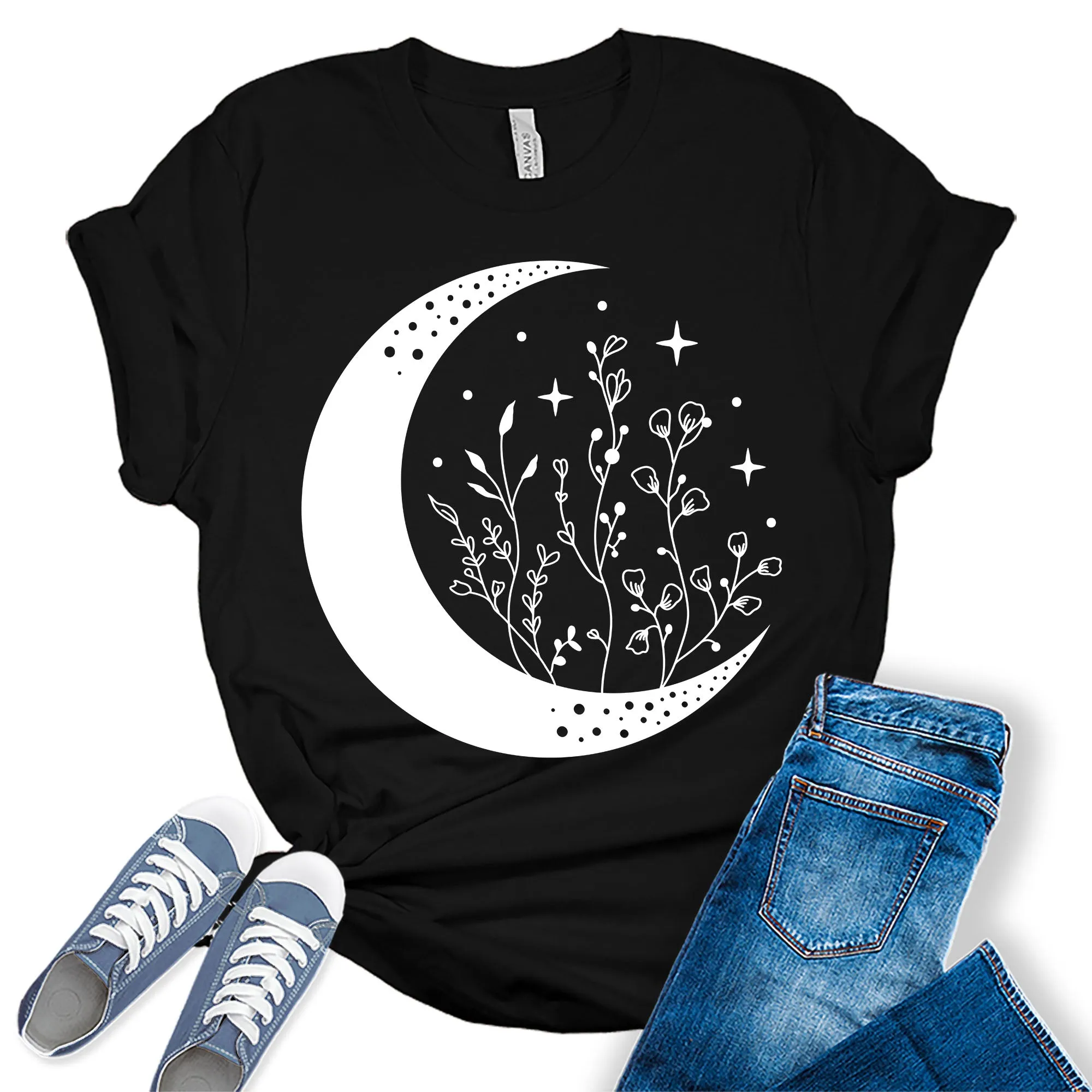 Mandala Crescent Moon Flowers Graphic Tees for Women