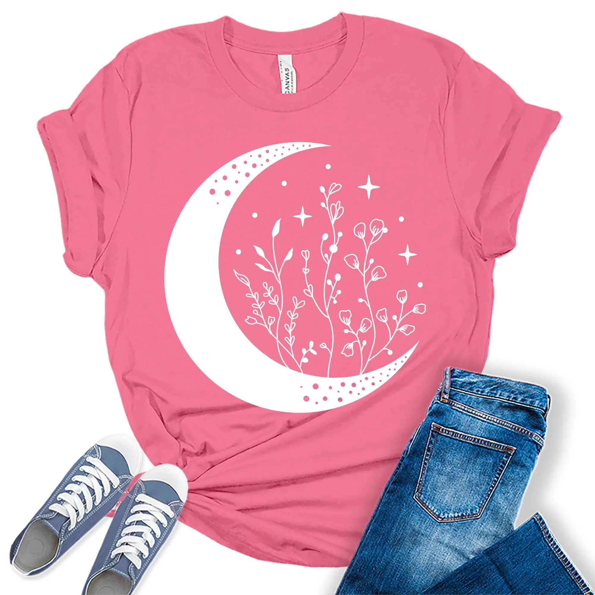 Mandala Crescent Moon Flowers Graphic Tees for Women