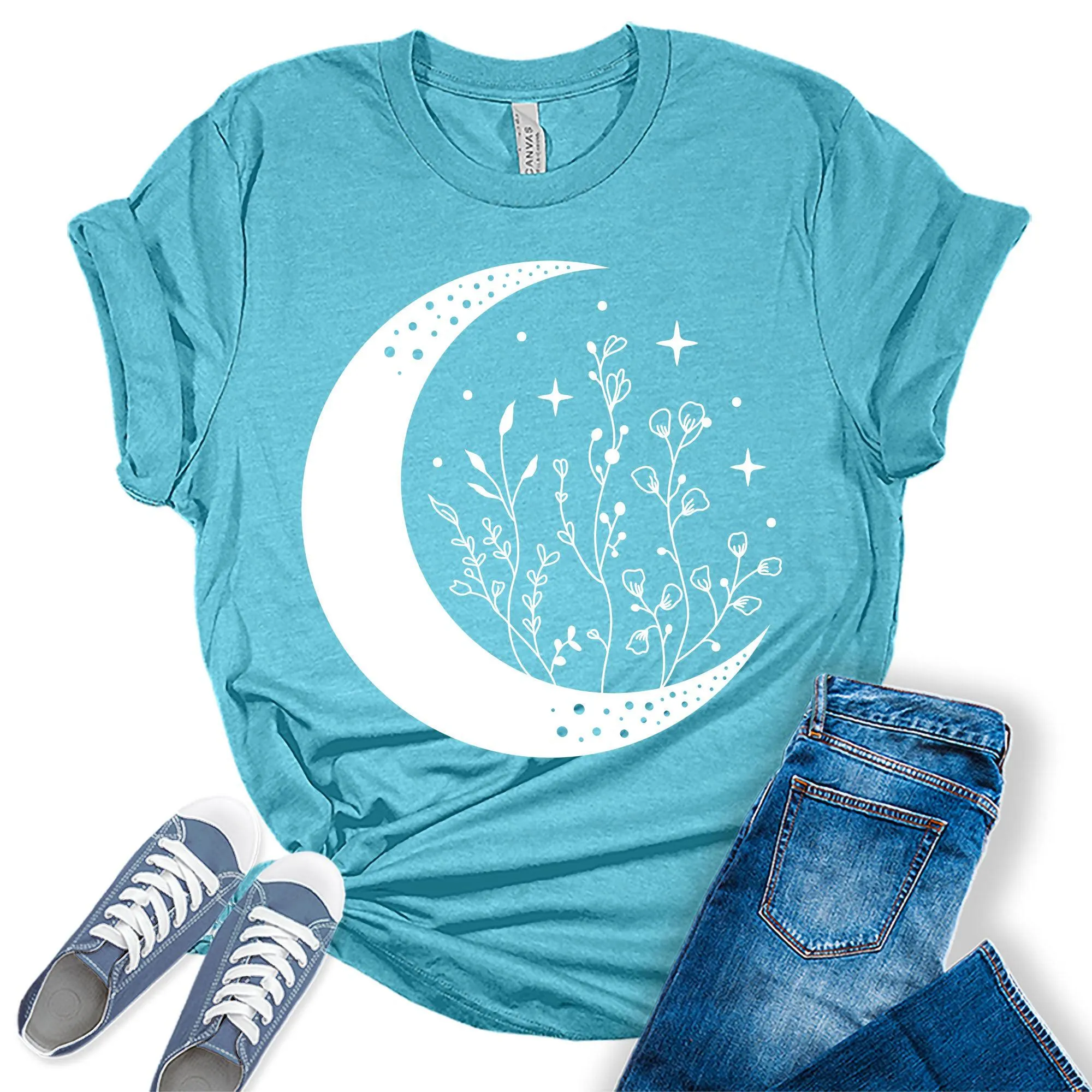 Mandala Crescent Moon Flowers Graphic Tees for Women