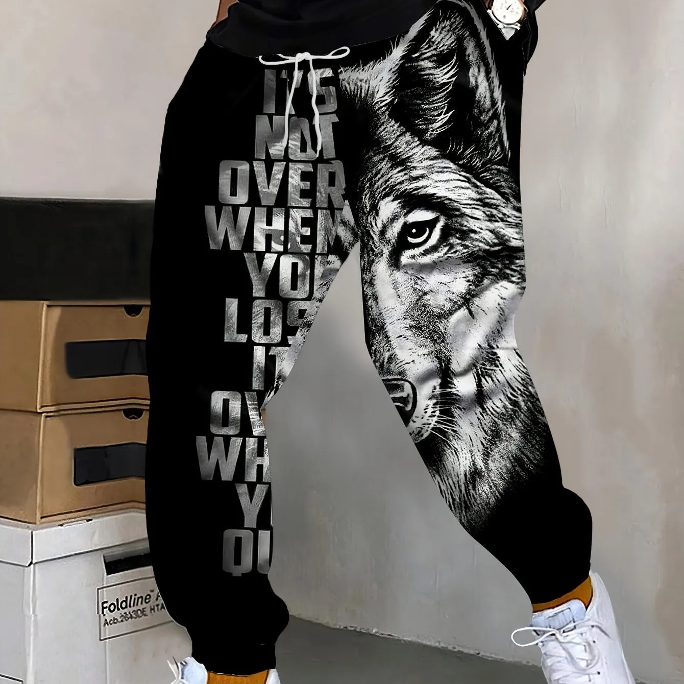 Men's 3D Wolf Print Joggers - Casual, Stretchy Polyester Sweatpants for Outdoor & Fitness Activities
