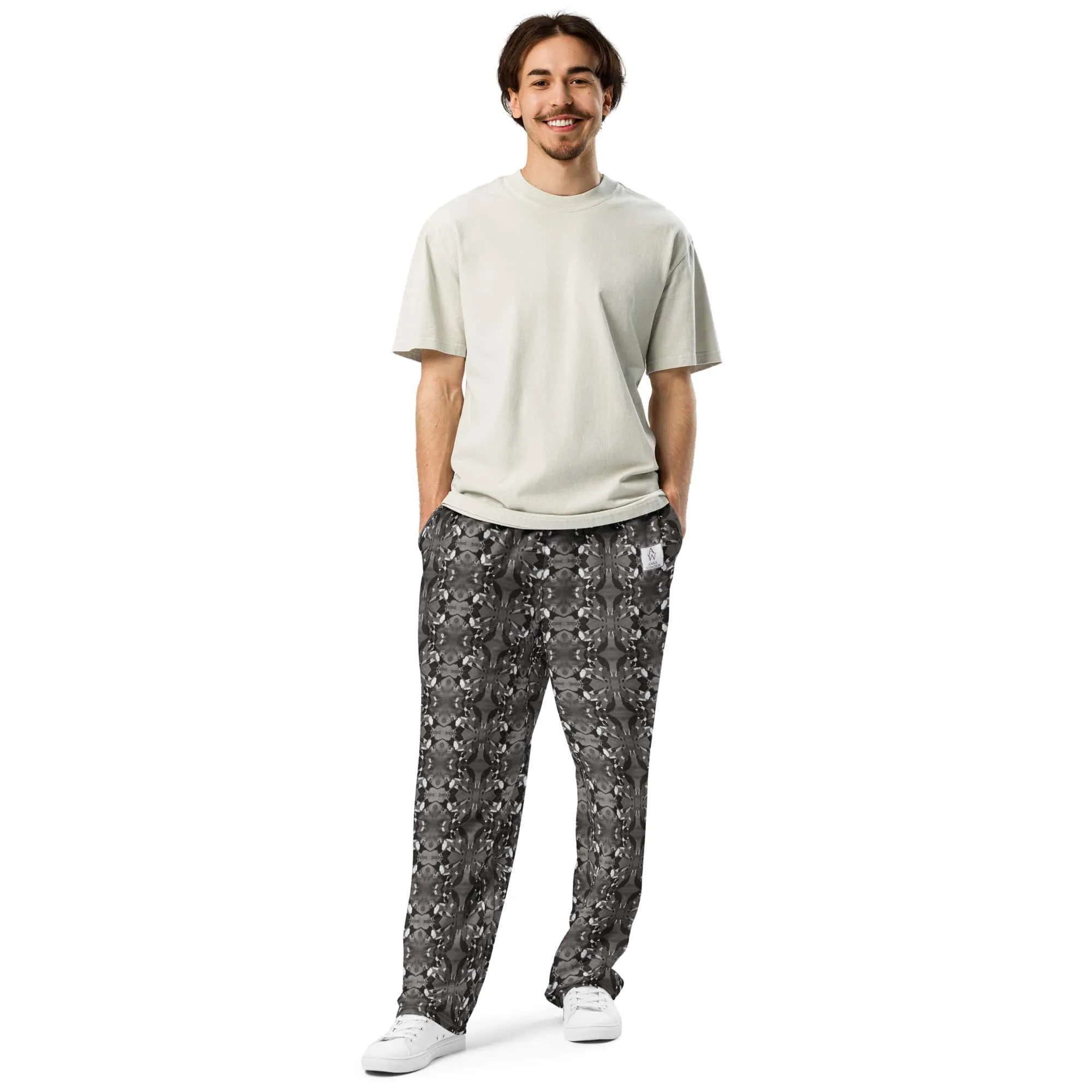 Men's Recycled Polyester Wide-Leg Joggers with Black and White Bird Pattern