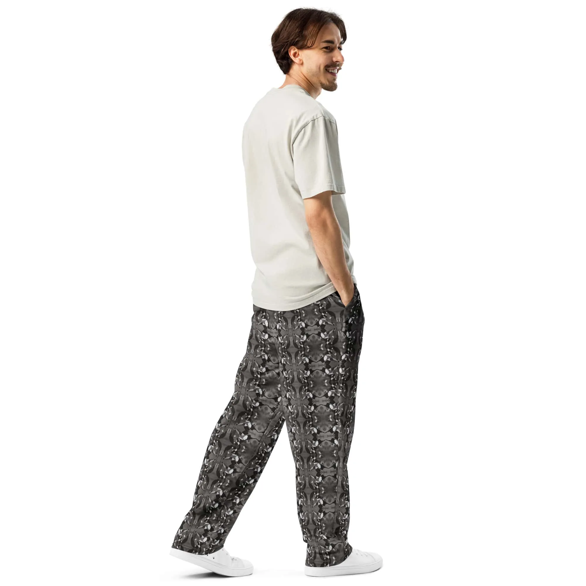 Men's Recycled Polyester Wide-Leg Joggers with Black and White Bird Pattern