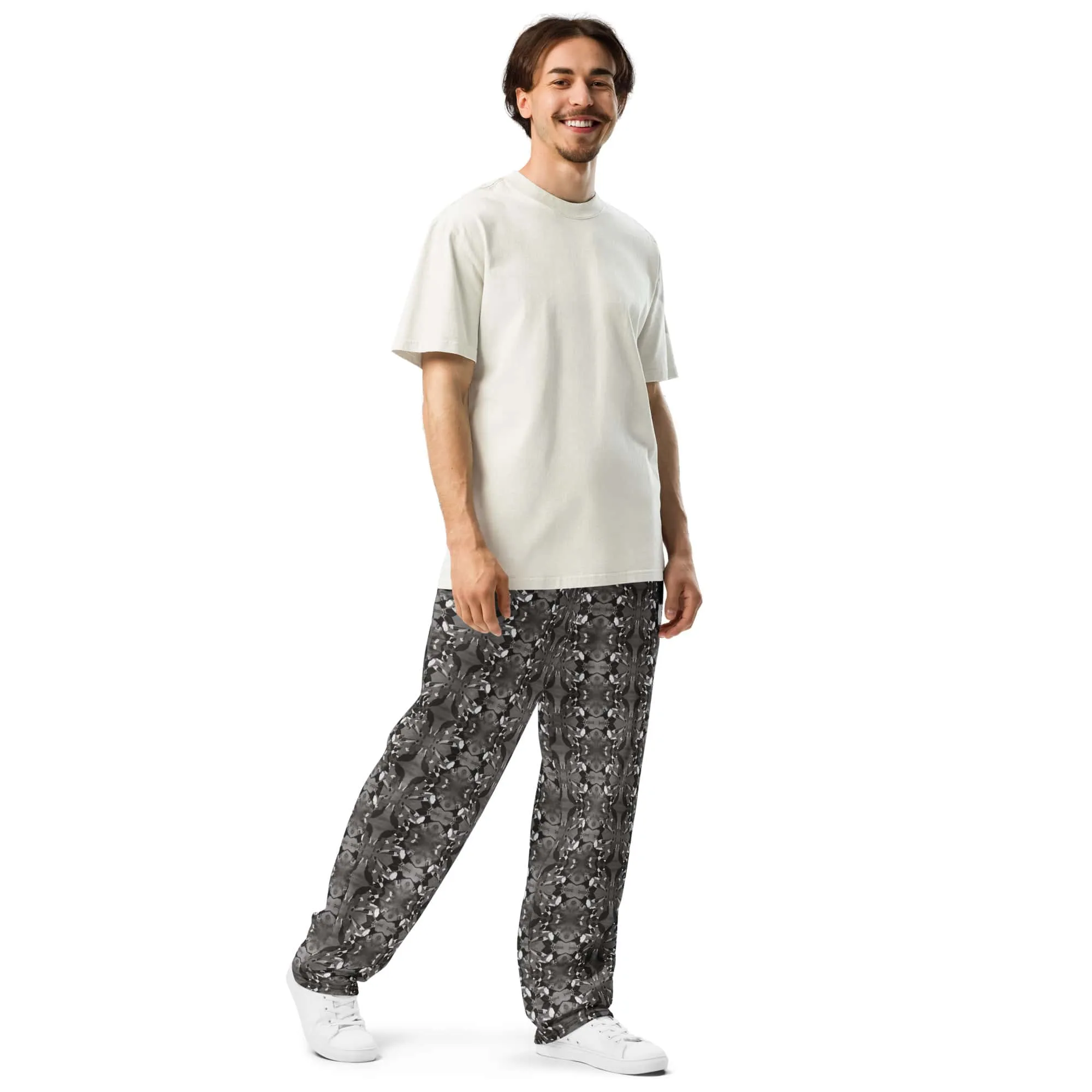 Men's Recycled Polyester Wide-Leg Joggers with Black and White Bird Pattern