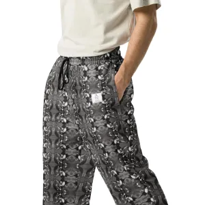 Men's Recycled Polyester Wide-Leg Joggers with Black and White Bird Pattern