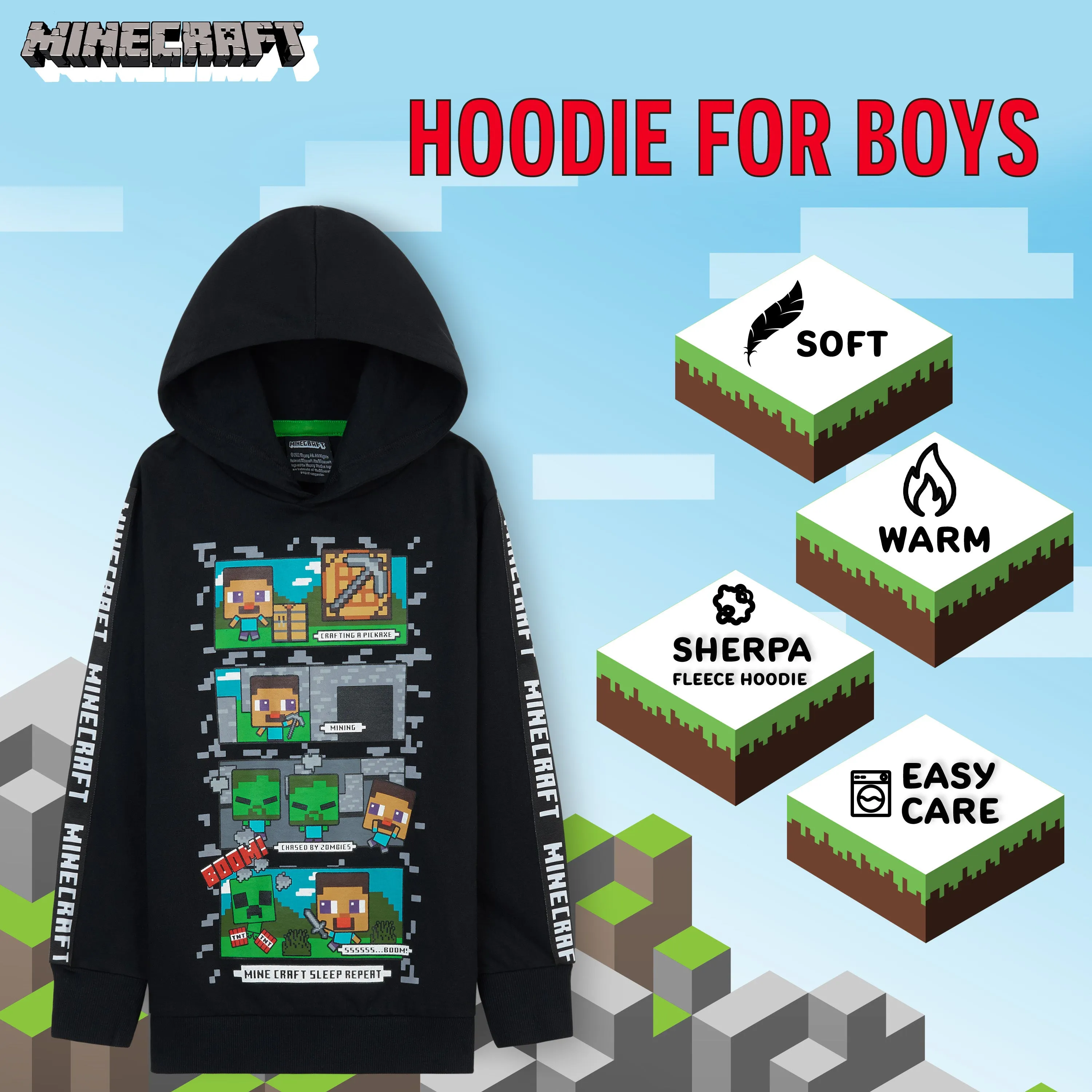 Minecraft Hoodie for Boys - Black, Gifts for Gamers