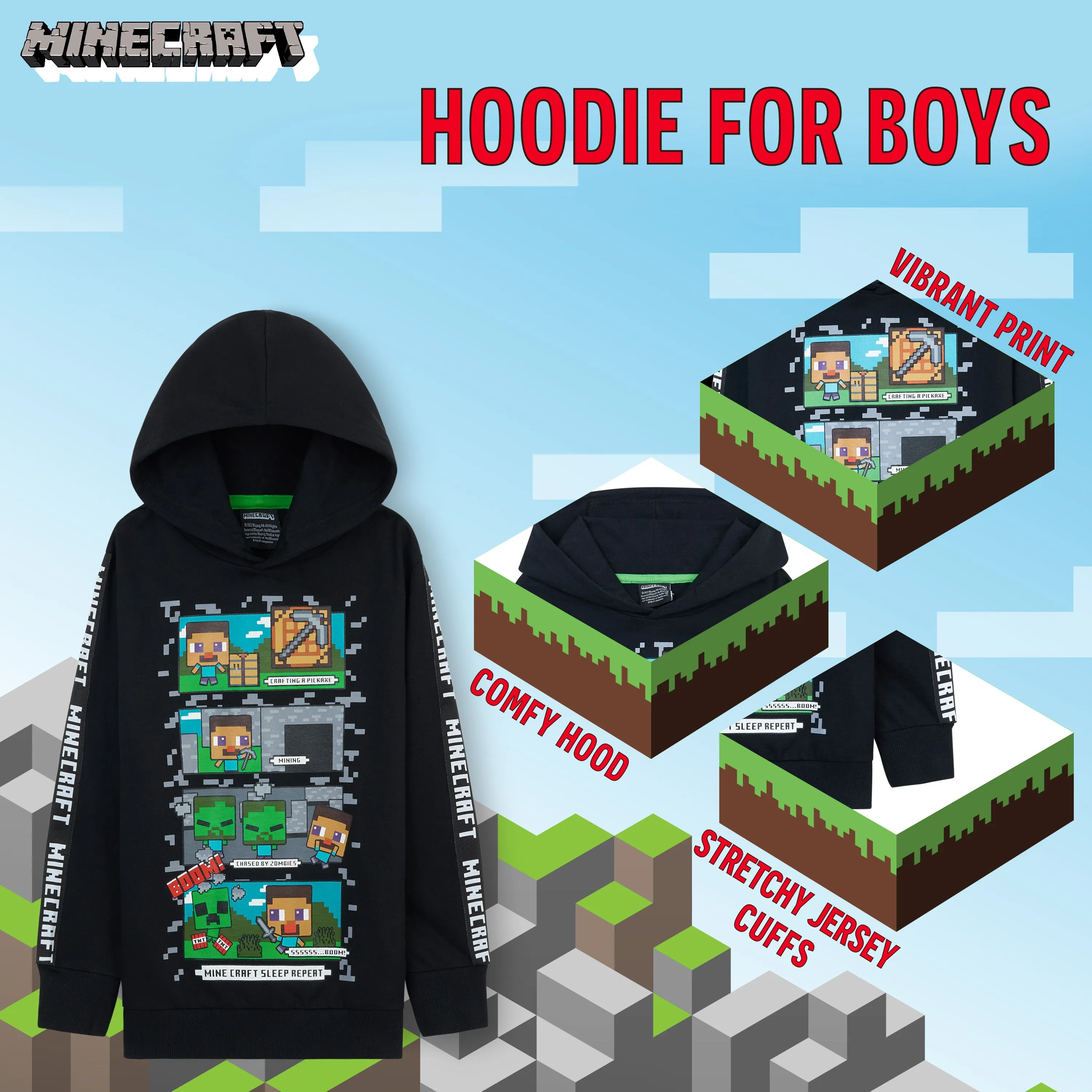 Minecraft Hoodie for Boys - Black, Gifts for Gamers