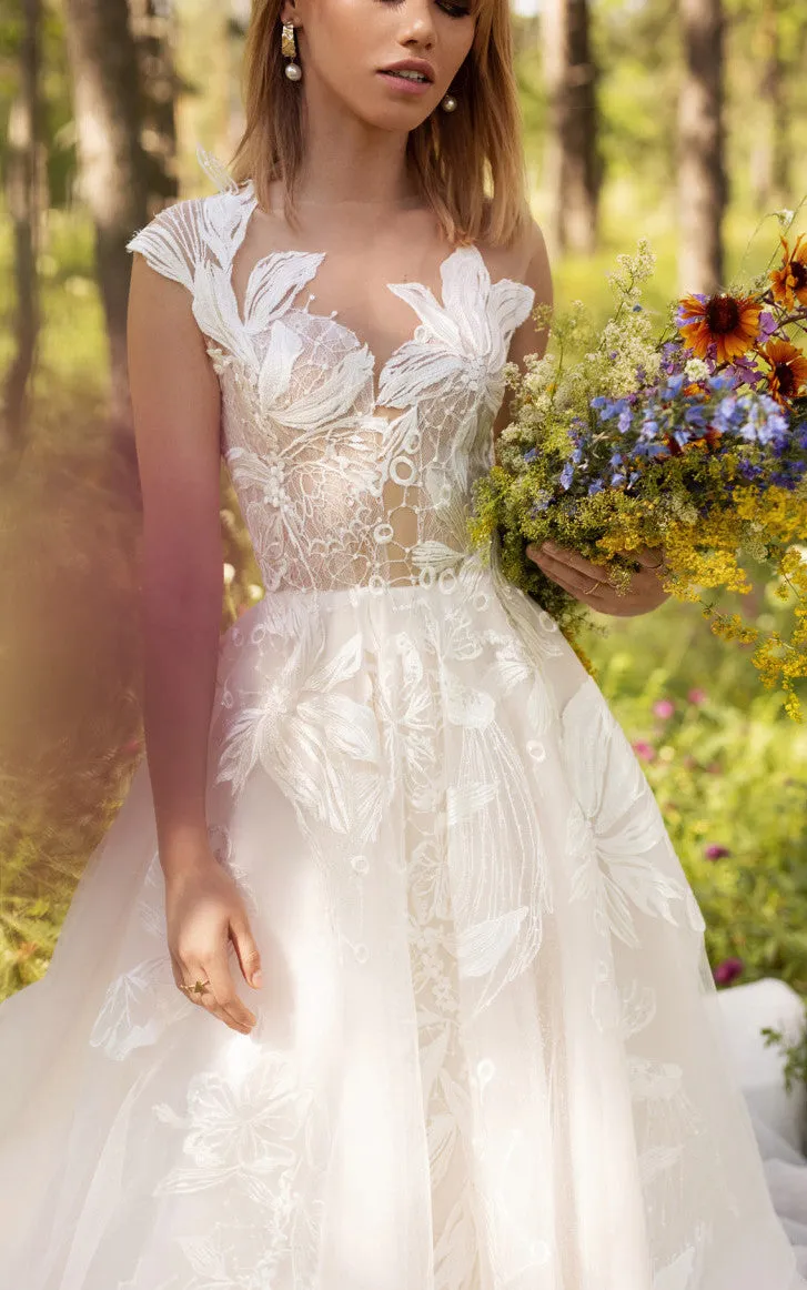 Modern Ball Gown Tulle Wedding Dress With Bateau Neckline And Illusion Back-716436