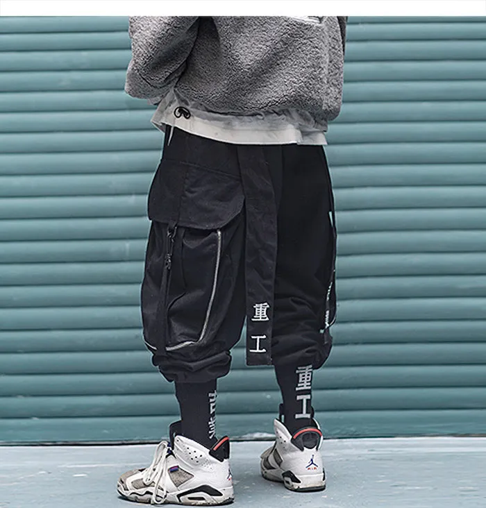 Multi Pocket Hip Hop Pants Men Ribbon Elastic Waist Harajuku Streetwear Joggers Mens Trousers Techwear Pants
