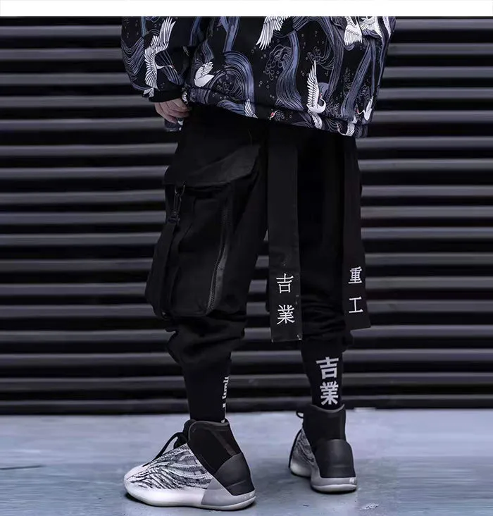 Multi Pocket Hip Hop Pants Men Ribbon Elastic Waist Harajuku Streetwear Joggers Mens Trousers Techwear Pants