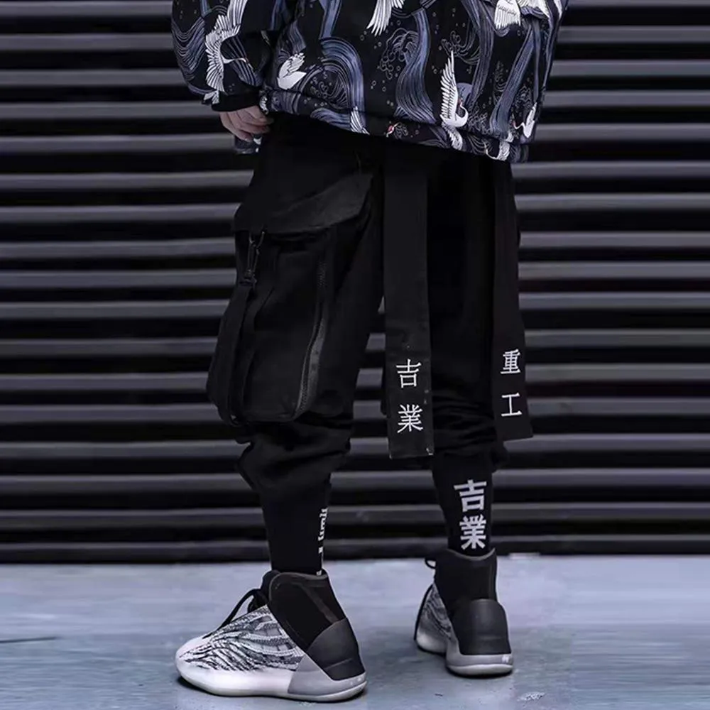 Multi Pocket Hip Hop Pants Men Ribbon Elastic Waist Harajuku Streetwear Joggers Mens Trousers Techwear Pants