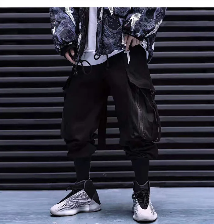 Multi Pocket Hip Hop Pants Men Ribbon Elastic Waist Harajuku Streetwear Joggers Mens Trousers Techwear Pants
