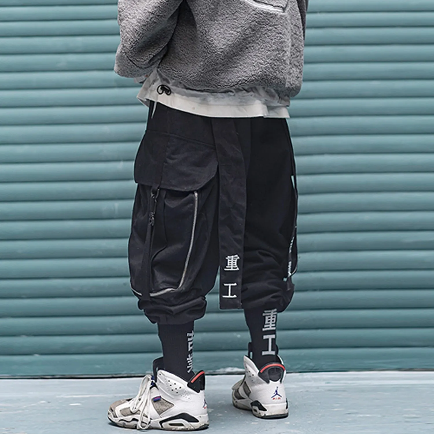 Multi Pocket Hip Hop Pants Men Ribbon Elastic Waist Harajuku Streetwear Joggers Mens Trousers Techwear Pants