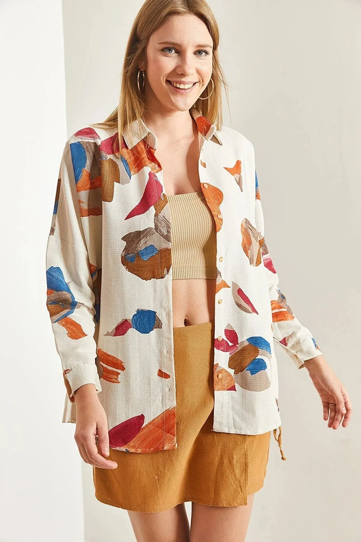 Palette Print Linen Long Sleeved Blouse