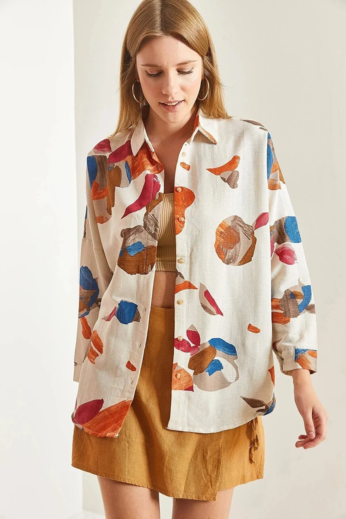 Palette Print Linen Long Sleeved Blouse