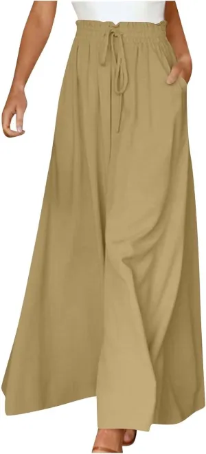 Palooza Wide Leg Pants Women Elastic Waisted Chiffon Baggy Flowy Long Lounge Trousers Beach Vacation Pant with Pockets
