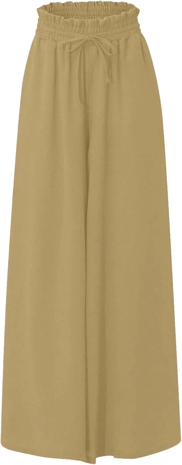 Palooza Wide Leg Pants Women Elastic Waisted Chiffon Baggy Flowy Long Lounge Trousers Beach Vacation Pant with Pockets
