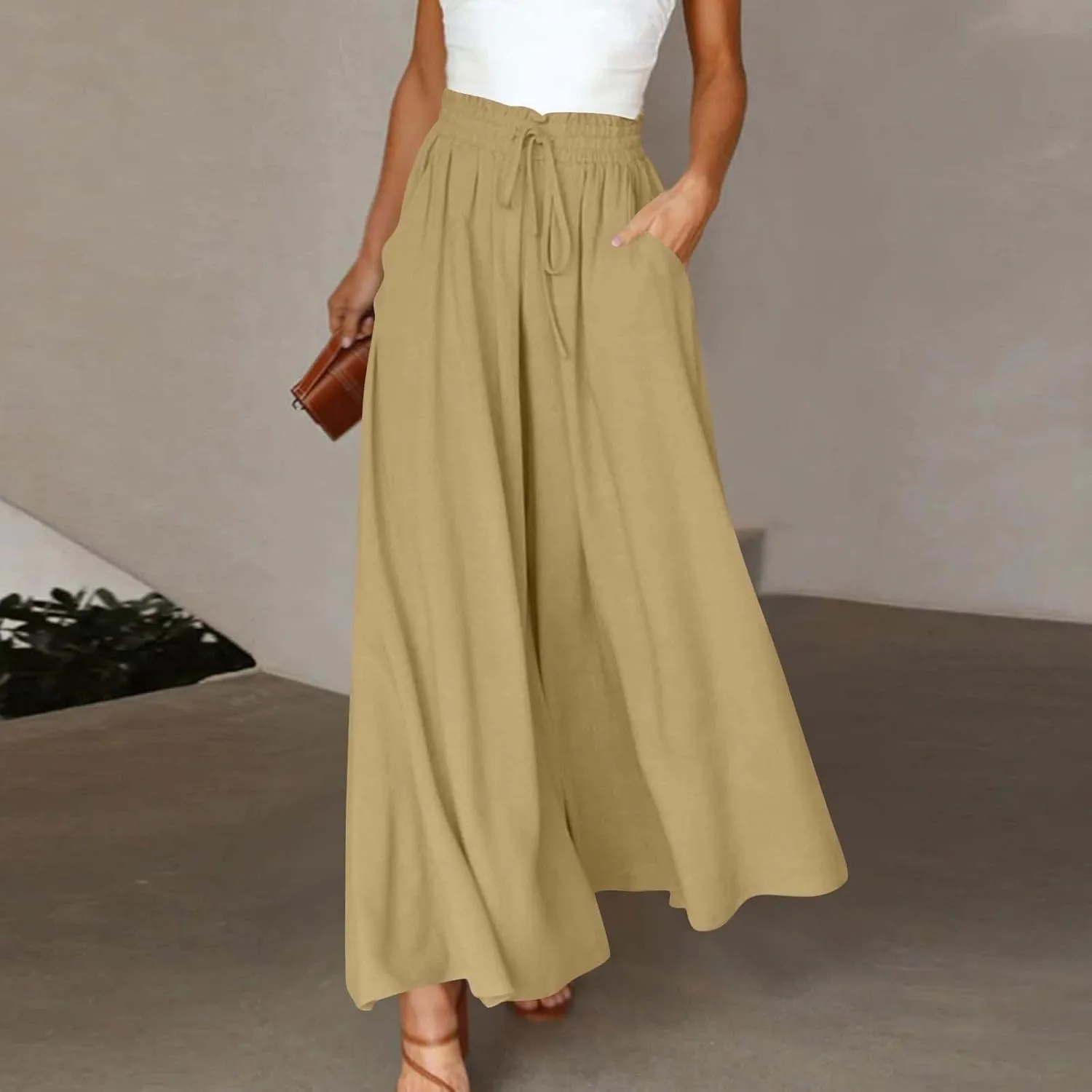 Palooza Wide Leg Pants Women Elastic Waisted Chiffon Baggy Flowy Long Lounge Trousers Beach Vacation Pant with Pockets