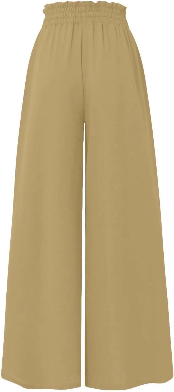 Palooza Wide Leg Pants Women Elastic Waisted Chiffon Baggy Flowy Long Lounge Trousers Beach Vacation Pant with Pockets